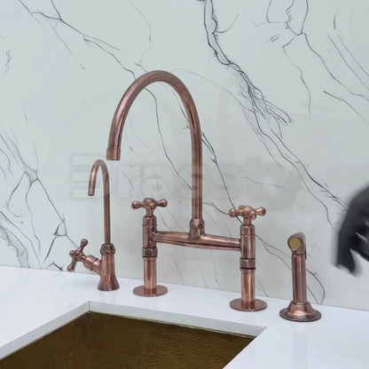 Antique Copper Bridge Faucet with Sprayer, Drinking Water Tap and Cross Handles