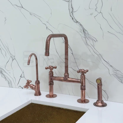 Antique Copper Classic Bridge Faucet with Sprayer, Cold Water Faucet and Cross Handles