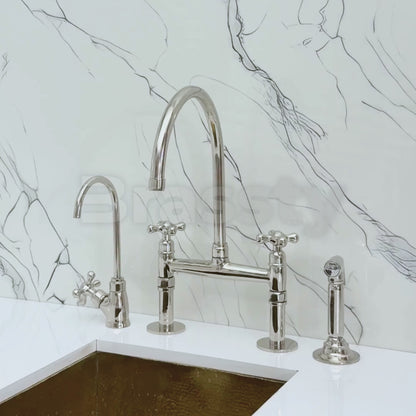Polished Nickel Bridge Faucet with Sprayer, Drinking Water Tap and Cross Handles