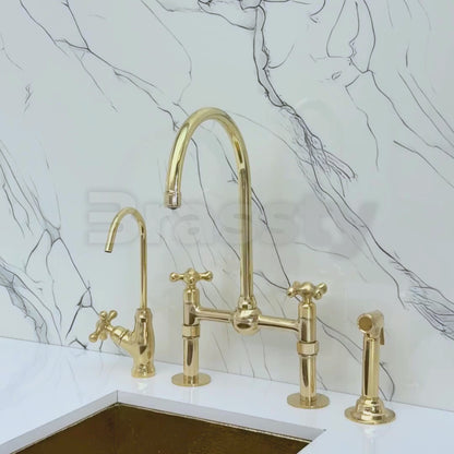 Unlacquered Brass Bridge Faucet with Sprayer, Cold Water Faucet, Straight Legs and Cross Handles