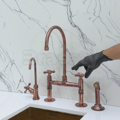 Antique Copper Kitchen Bridge Faucet with Sprayer, Cold Water Faucet and Cross Handles
