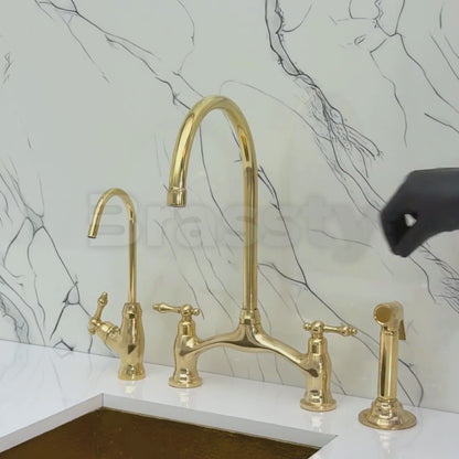 Unlacquered Brass Bridge Antique Faucet with Sprayer, Drinking Water Tap and Lever Handles