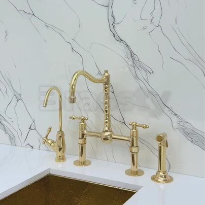 Unlacquered Brass Victorian Bridge Faucet with Sprayer, Cold Water Faucet, Straight Legs and Lever Handles