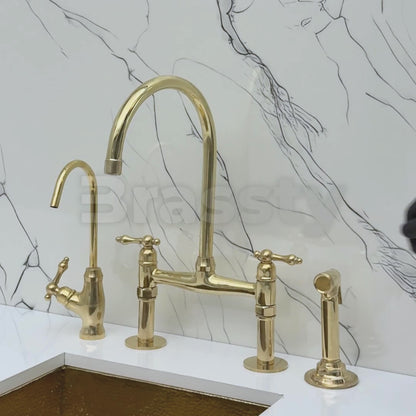 Unlacquered Brass Bridge Kitchen Faucet with Sprayer, Drinking Water Tap and Lever Handles
