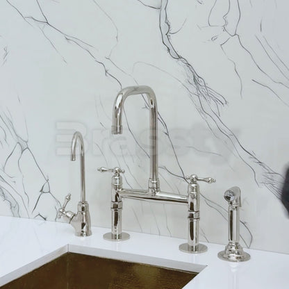 Polished Nickel Classic Bridge Faucet with Sprayer, Cold Water Faucet and Lever Handles