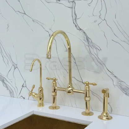 Unlacquered Brass Bridge Faucet with Sprayer, Cold Water Faucet, Straight Legs and Lever Handles