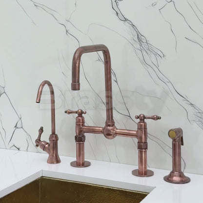 Antique Copper Classic Bridge Faucet with Ball Center, Straight Legs, Sprayer, Cold Water Faucet and Lever Handles