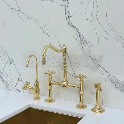 Unlacquered Brass Victorian Bridge Faucet with Sprayer, Cold Water Faucet, Straight Legs and Cross Handles