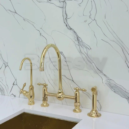 Unlacquered Brass Bridge Kitchen Faucet With Ball Center, Sprayer, Cold Water Faucet and Lever Handles