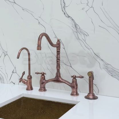 Antique Copper Victorian Bridge Kitchen Faucet with Sprayer, Drinking Water Tap and Lever Handles